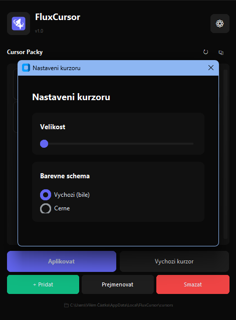 FluxCursor Nastavení kurzoru